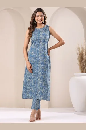 Janasya Chevron Printed Pure Cotton Straight Kurta with Trousers