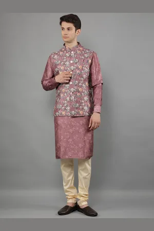Manish Creations Floral Printed Mandarin Collar Kurta With Churidar And Nehru Jacket