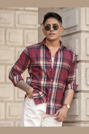 Powerlook Men Spread Collar Tartan Checked Cotton Casual Shirt