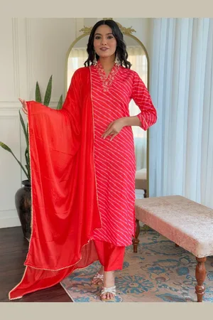 Lilots Women Leheriya Striped Regular Thread Work Pure Silk Kurta with Trousers & With Dupatta