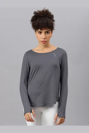 Fitkin Women Grey Raglan Sleeves Back Laser Cut T-shirt