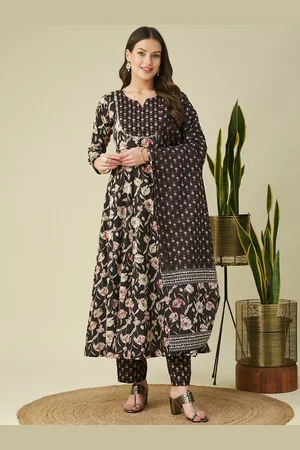 Colors  of Earth Floral Printed Pleated Pure Cotton Anarkali Kurta With Trousers & Dupatta