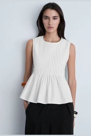 MANGO Organic Cotton Round Neck Pleated Top