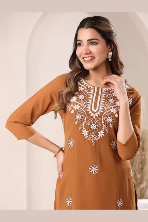 Janasya Women Brown Georgette Embroidered Straight Kurta