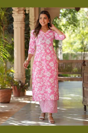 Janasya Floral Printed Pure Cotton Straight Kurta with Trousers