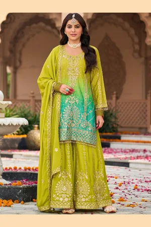 AUTUMN LANE Ethnic Motifs Embroidered Round Neck Straight Kurti with Palazzo & Dupatta