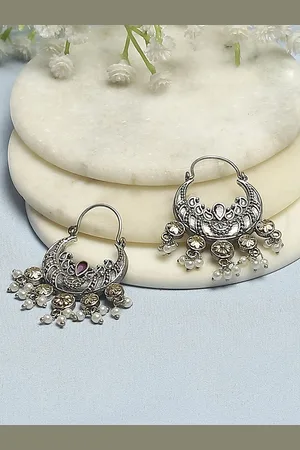 Biba Silver-Plated Artificial Stones Studded and Beaded Crescent Oxidised Chandbalis