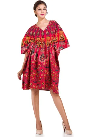 HANDICRAFT PALACE Women V-Neck Ethnic Motifs Printed Cotton Kimono Sleeves Kaftan Dress