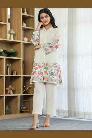 AUTUMN LANE Embroidered Shirt Collar Pure Cotton Tunic With Trouser