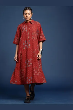 Taavi Ajrakh Shirt Collar Floral Printed Midi Pure Cotton Ethnic Dress