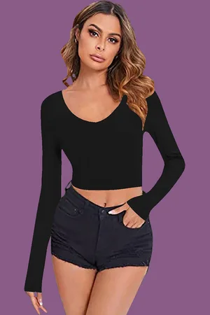 Dream Beauty Fashion Women Solid V-Neck Long Sleeves Crop Fitted Top