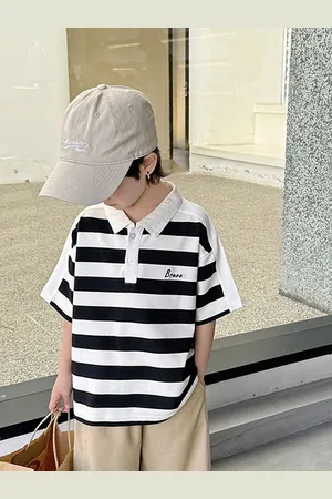 LULU & SKY Boys Striped Polo Collar Cotton Oversized T-shirt