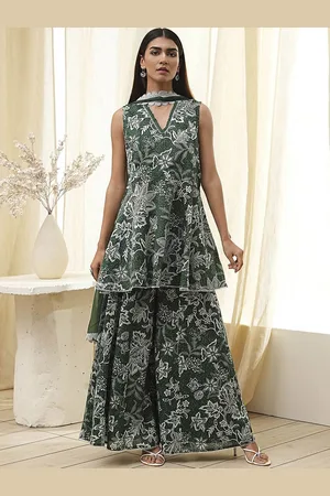 Biba Floral Printed V-Neck Pure Cotton A-Line Kurti With Palazzo & Dupatta