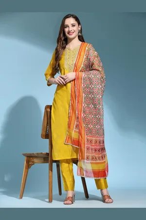 Kalini Women Floral Embroidered Regular Gotta Patti Chanderi Silk Kurta with Trousers & With Dupatta