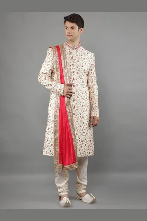 Manish Creations Mandarin Collar Floral Embroidered Sherwani Set With Dupatta