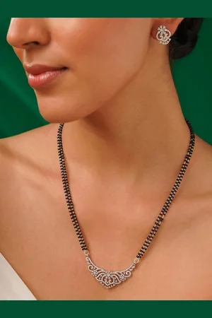 ABDESIGNS Silver Plated American Diamond Studded & Beaded Mangalsutra Set