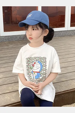 LULU & SKY Girls Doraemon Graphic Printed Round Neck Cotton Oversized T-shirt