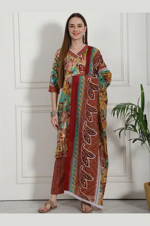 Moda Rapido Floral Printed V-Neck Straight Pure Cotton Kurta With Trousers And Dupatta
