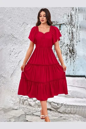 Kalini Flared Sleeve Ruffled Fit & Flare Midi Dress