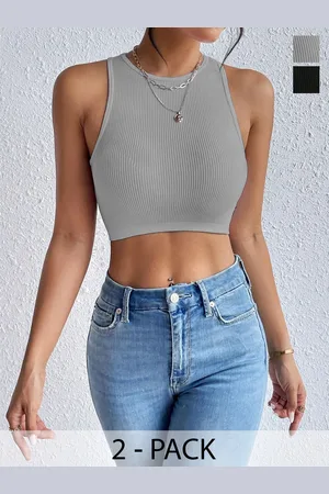 KERI PERRY Women Pack Of 2 Solid Round Neck Sleeveless Crop Tank Tops