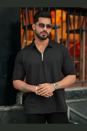 Maniac Men Solid Polo Collar Cotton Oversized T-shirt