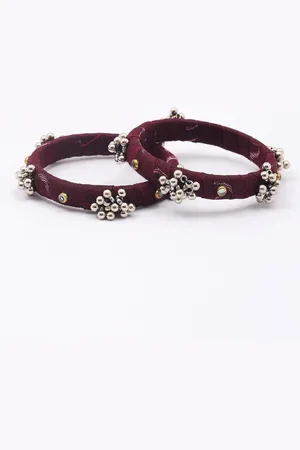 Exotic India Set Of 2 Maroon Handloom Sambalpuri Fabric Ghungroo Bangles