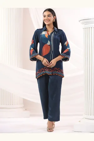 AUTUMN LANE Printed Shirt Collar Muslin Top With Trouser