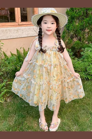 LULU & SKY Girl Floral Print Tie-Up Neck Ruffle Detail Tiered A-Line Midi Dress