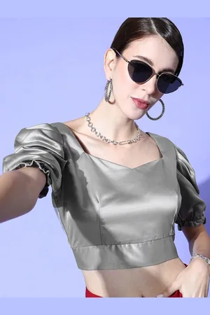 Moda Rapido Women Sweetheart Neck Puff Sleeve Satin Crop Top