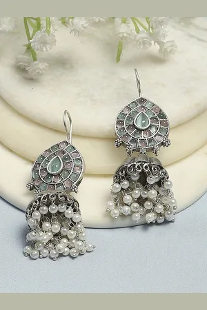 Biba Silver-Plated Artificial Stones Studded and Beaded Dome Shaped Jhumkas