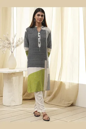 Biba Striped Mandarin Collar Straight Kurta With Trousers