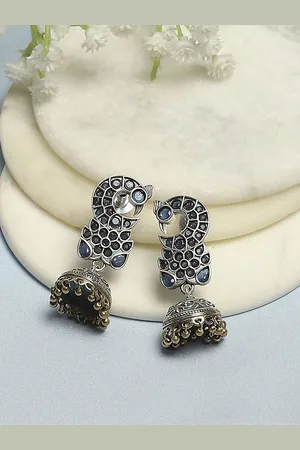 Biba Silver-Plated Artificial Stones And Beads Beaded Contemporary Shaped Drop Earrings
