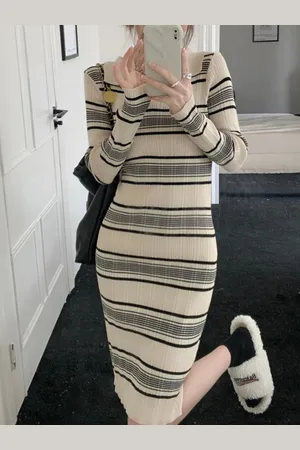 Mast & Harbour Women Striped Shirt Collar Neck Long Sleeves Midi Sheath Dress