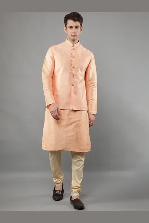 Manish Creations Mandarin Collar Kurta With Churidar And Nehru Jacket