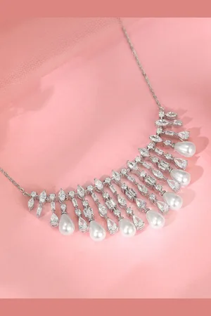 GIVA 925 Sterling Silver Rhodium-Plated Stone Studded & Beaded Glamour Glow Necklace
