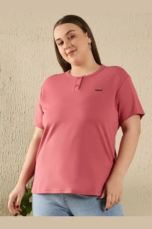 Cupid Women Plus Size Solid Henley Neck Cotton T-shirt