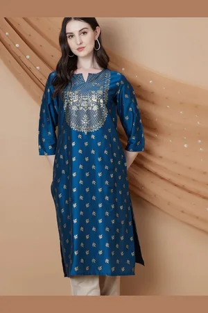 Lifestyle Ethnic Motifs Woven Design Printed Notch Neck Straight Kurta