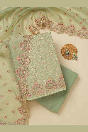 Koskii Floral Embroidered Beads and Stones Organza Unstitched Dress Material