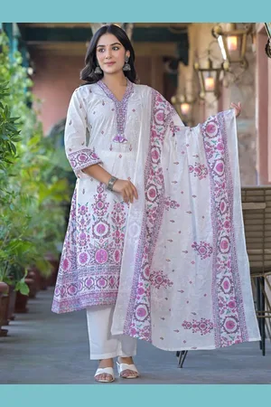 AUTUMN LANE Floral Printed V-Neck Pure Cotton A-Line Kurta With Trousers And Dupatta