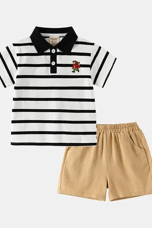 LULU & SKY Boys Striped Polo Collar T-shirt With Shorts