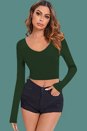 Dream Beauty Fashion Women Round Neck Long Sleeves Crop Top