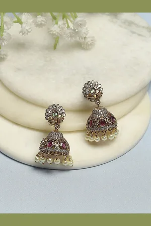 Biba Gold-Plated Artificial Stones Studded and Beaded Dome Shaped Jhumkas