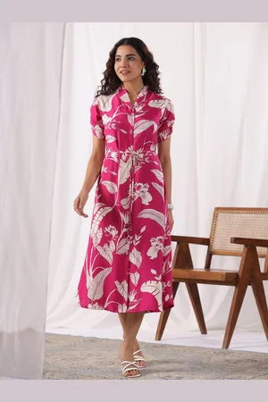JISORA Women Pink Printed Russian Silk Dress