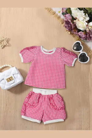 pspeaches Girls Checked Round Neck Pure Cotton Top With Shorts