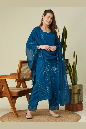 Colors  of Earth Floral Embroidered Thread Work Straight Kurta With Trousers & Dupatta