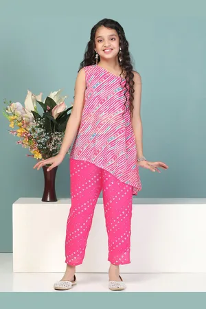 Sangria Girls Leheriya Printed One Shoulder Georgette A-Line Kurta With Trouser