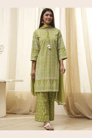 Biba Floral Embroidered Tie-Up Neck Pure Cotton Straight Kurta With Palazzos And Dupatta
