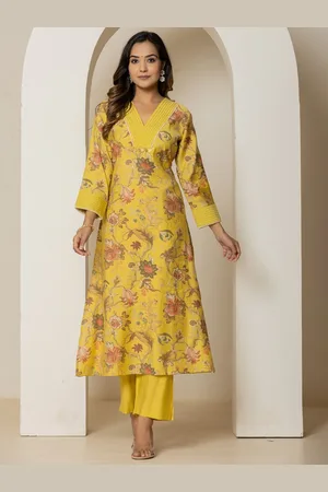 AUTUMN LANE Floral Printed V-Neck Pure Cotton Straight Kurta With Trousers