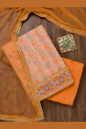 Koskii Geometric Embroidered Sequinned Georgette Unstitched Dress Material