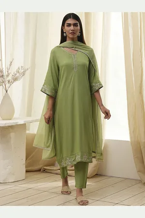 Biba Floral Embroidered V-Neck Thread Work Straight Kurta With Trousers & Dupatta
